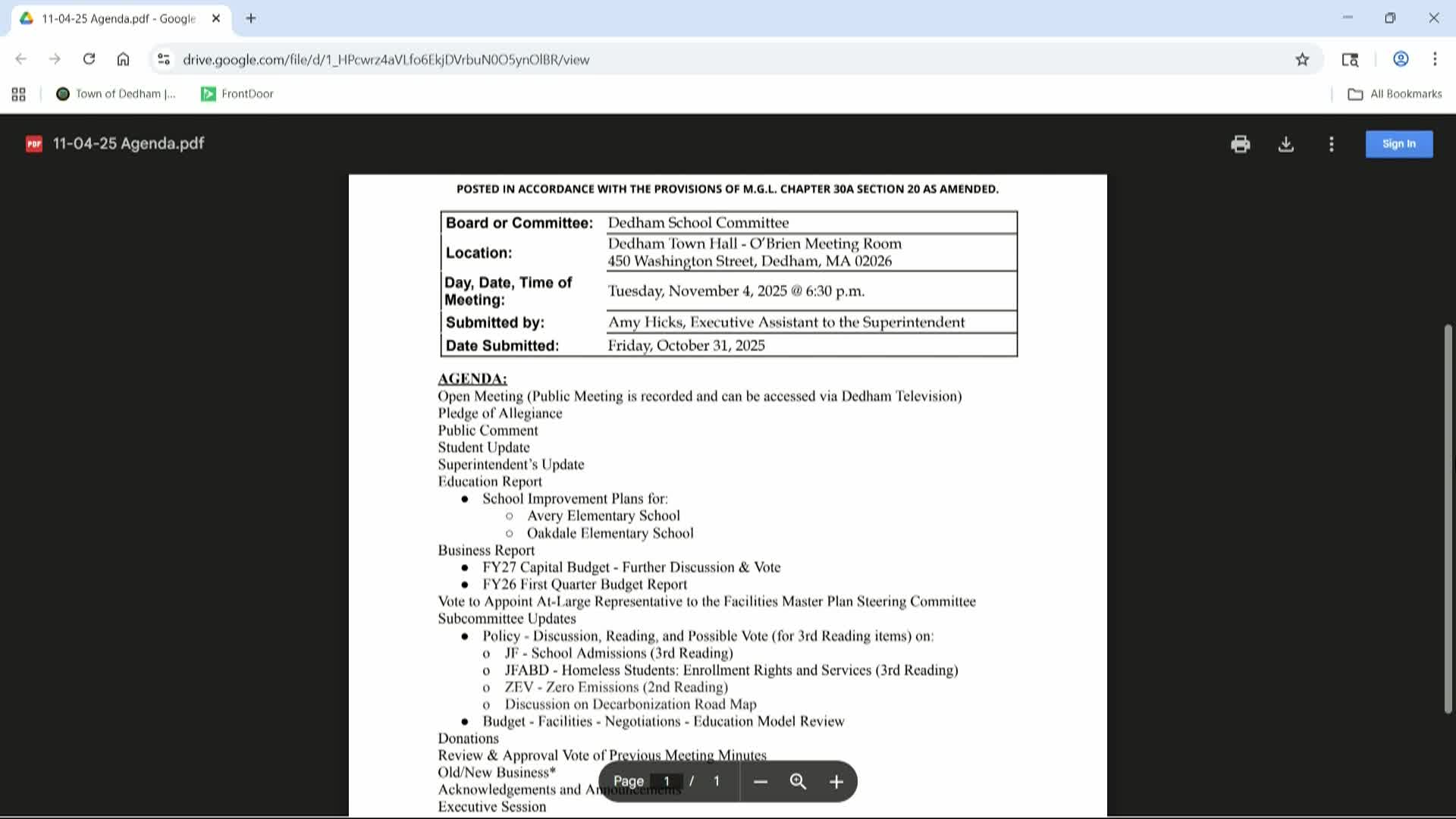 LIVE! SCHOOL COMMITTEE - November 4, 2025